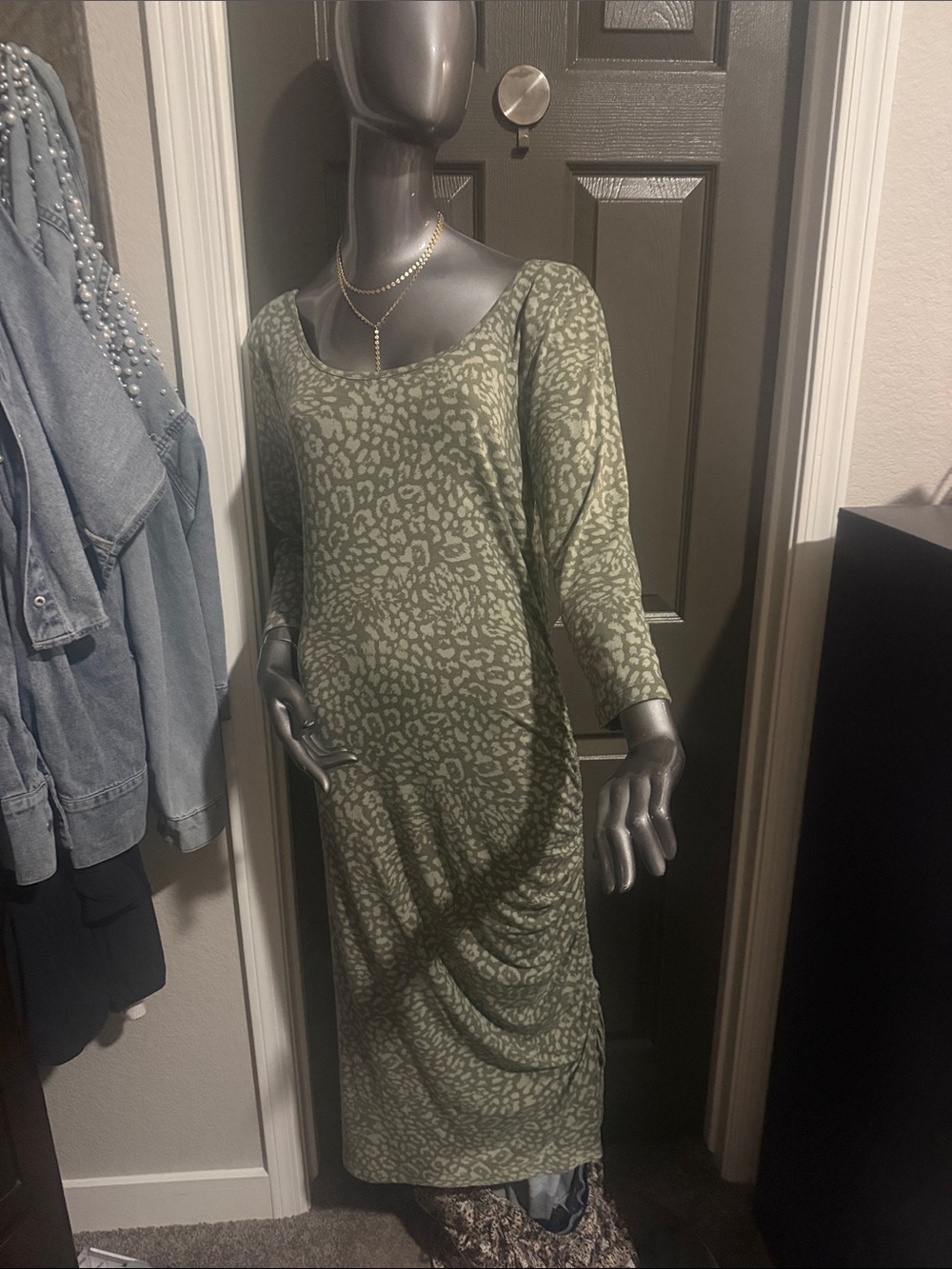 Olive Animal Print Scoop Neck Midi Dress